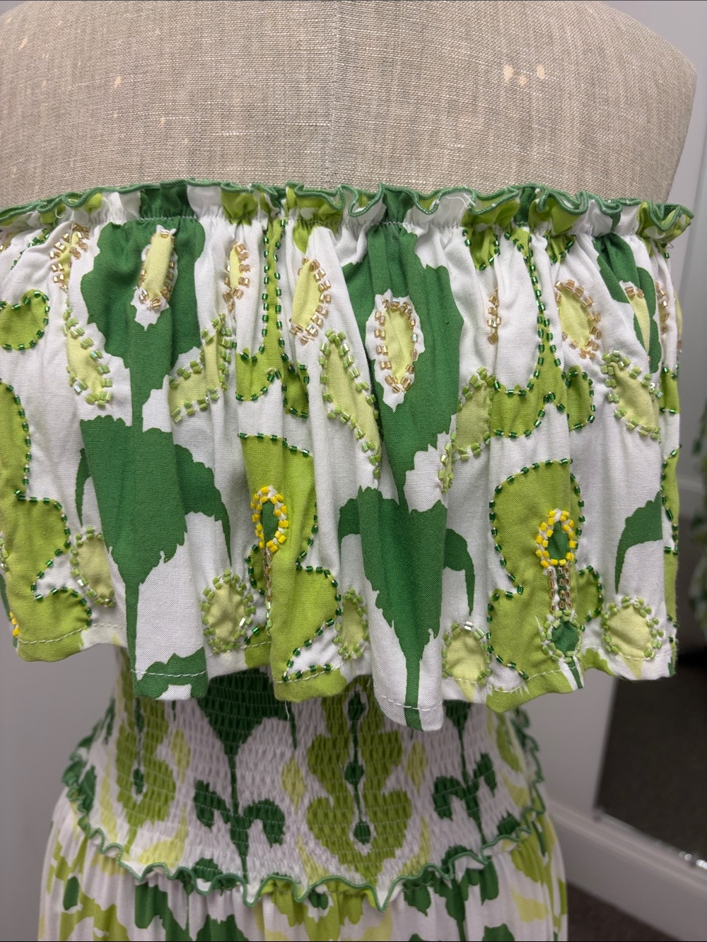 Strapless Green Patterned Maxi Dress - Picture 3 of 3